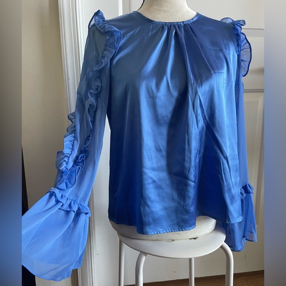 French Connection Alezzia Blue Ruffle Sleeve Blouse - Picture 1 of 16
